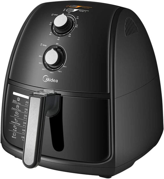 Midea 4L 1500W Multi-functional Air Fryer Black with stainless steel knobs, 60-minute timer, adjustable temperature, and basket separator for cooking.