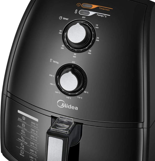 Midea 4L 1500W Multi-functional Air Fryer - Black with adjustable temperature, timer, and stainless steel knobs from Value Furniture. Affordable quality.