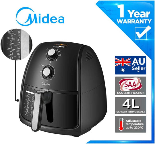 Midea 4L 1500W Multi-functional Air Fryer - Black with adjustable temperature, stainless steel knobs, 60-minute timer, and 1-year warranty.