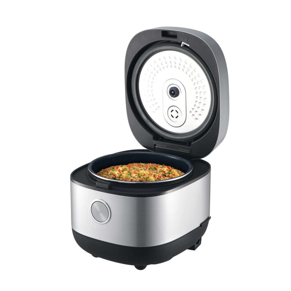 Midea 5L Rice Cooker with open lid showcasing cooked rice, featuring intelligent cooking technology and turbo valve for rapid, quality cooking.