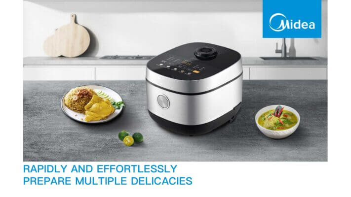 Midea 5L Rice Cooker on kitchen counter with prepared dishes, featuring rapid cooking and 17 preprogrammed menus for quality, affordable meals.