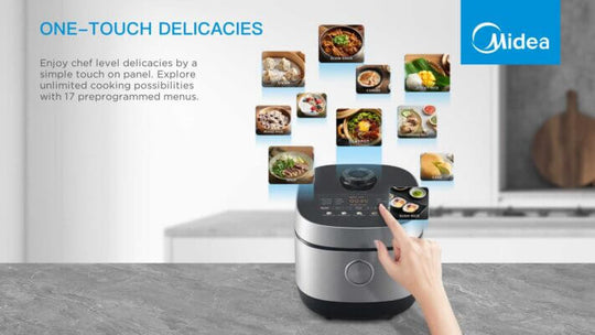 Midea 5L Rice Cooker in a kitchen setting with a hand touching the digital panel, showcasing 17 preprogrammed menu options for easy cooking.