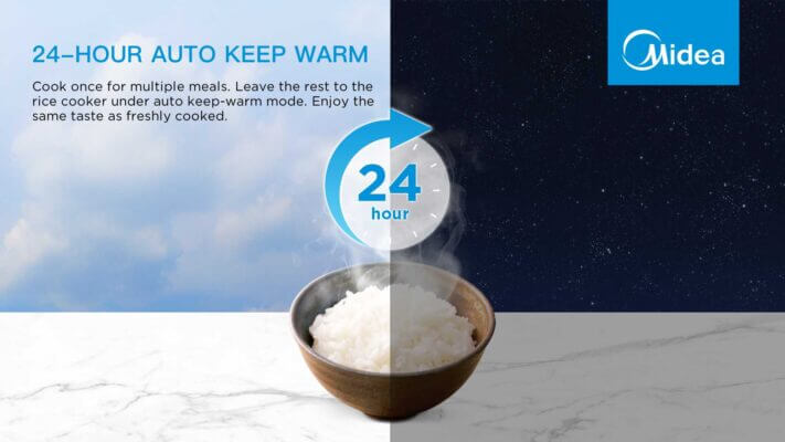 Midea rice cooker 24-hour auto keep warm feature ensures freshly cooked taste for multiple meals with effortless cooking.