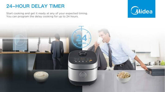 Midea rice cooker with 24-hour delay timer for convenient cooking, highlighted by a bowl of rice and a professional setting background.