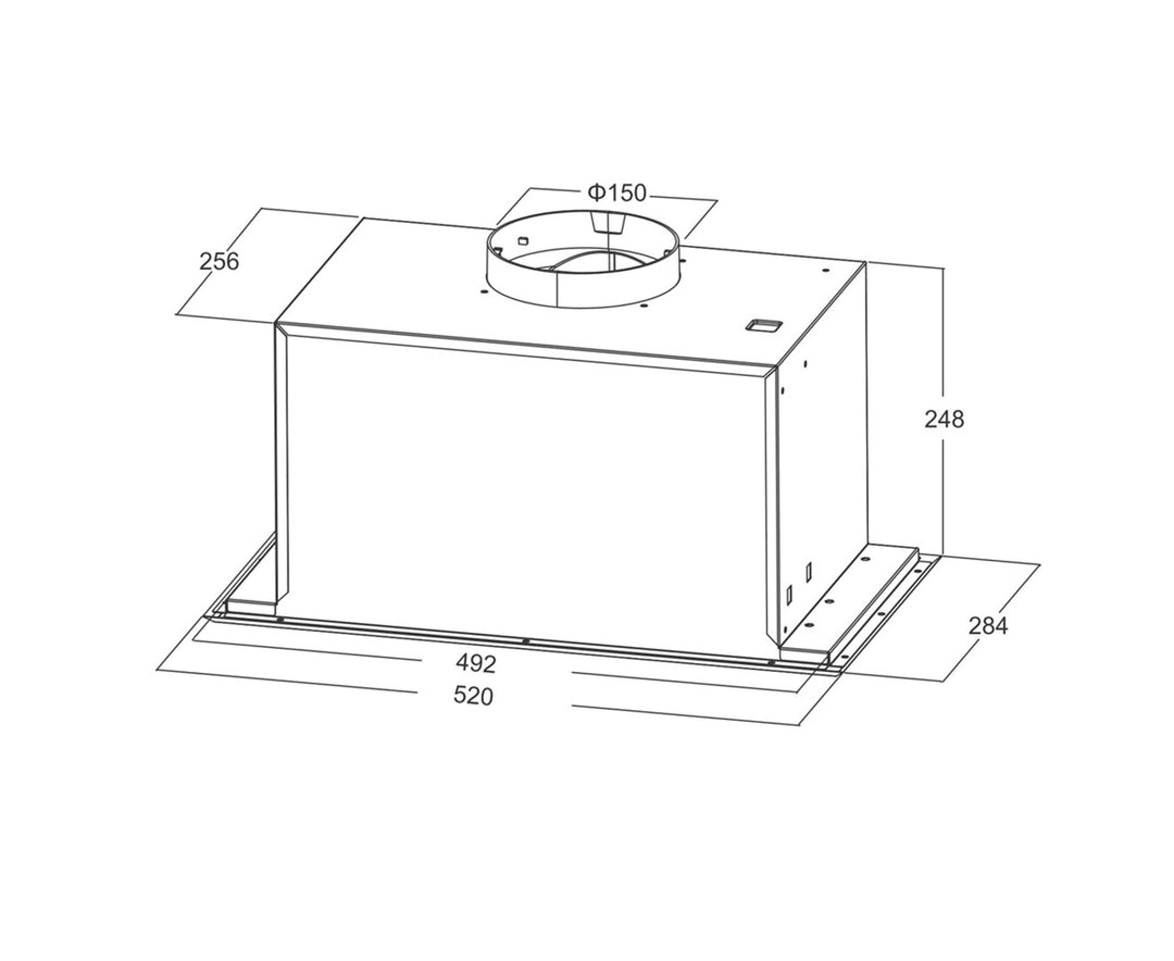 Detailed dimensions of Undermount Rangehood 52cm with 150mm air outlet, showcasing its quality design and affordable value furniture dimensions.