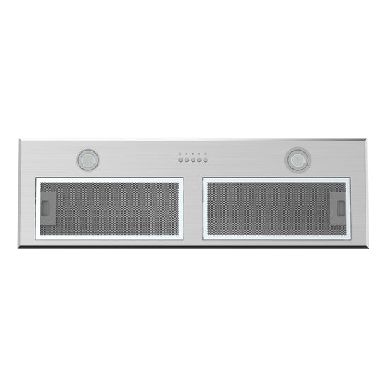 Undermount rangehood 90cm with button control and LED lights, featuring a stainless body and washable grease filter for powerful air flow