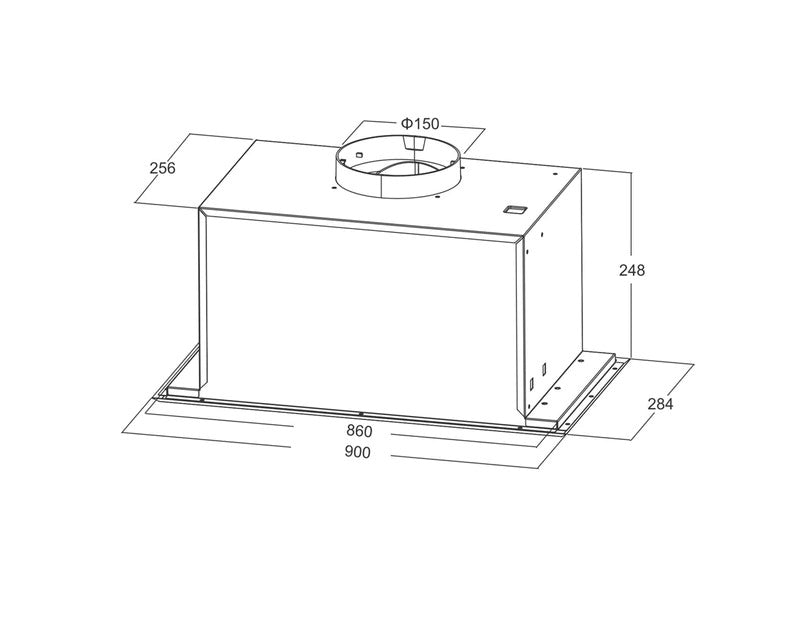 Diagram of a 90cm undermount rangehood with specific measurements for value furniture, showing dimensions and air outlet placement.