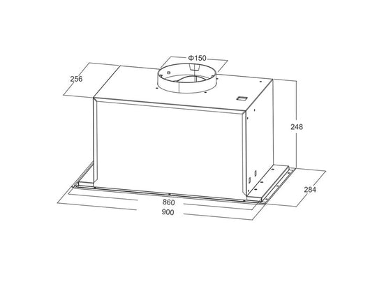 Diagram of a 90cm undermount rangehood with specific measurements for value furniture, showing dimensions and air outlet placement.