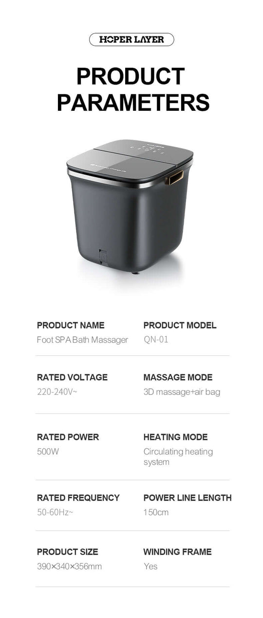 Hoper Layer Foot SPA Bath Massager specifications on a sleek dark surface, highlighting quality, affordable DIY luxury.