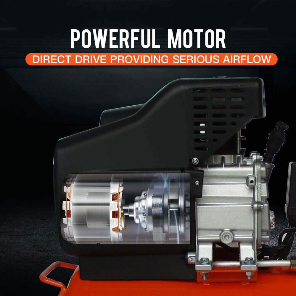 Powerful motor of UNIMAC Portable Electric Air Compressor demonstrating direct drive for serious airflow.