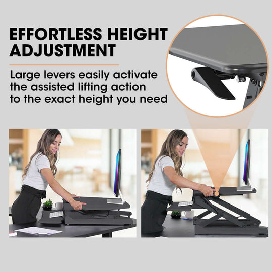 Effortless height adjustment of FORTIA Desk Riser with large levers for easy height control.