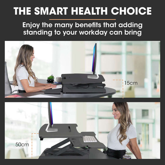 Ergonomic Fortia Desk Riser showcasing adjustable heights for standing or sitting while working, promoting health and productivity.