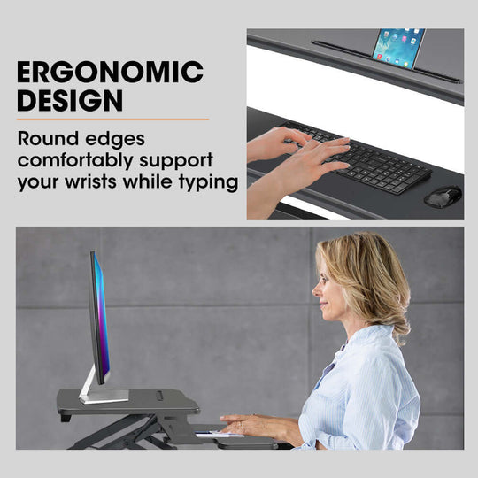 Ergonomic design of Fortia Desk Riser ensures wrist comfort while typing, enhancing productivity in home or office.