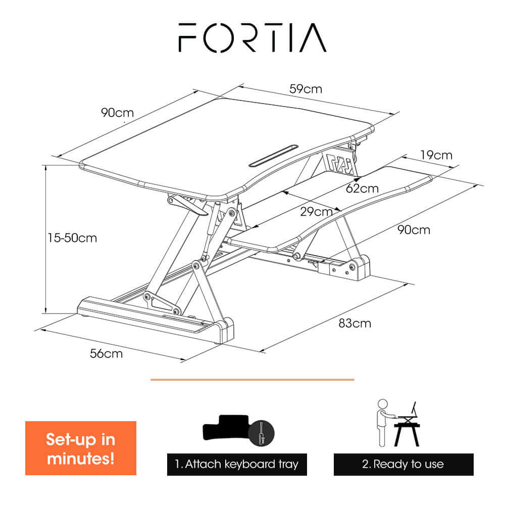 Product diagram of Fortia 90cm wide adjustable sit to stand desk riser for dual monitors and keyboard.