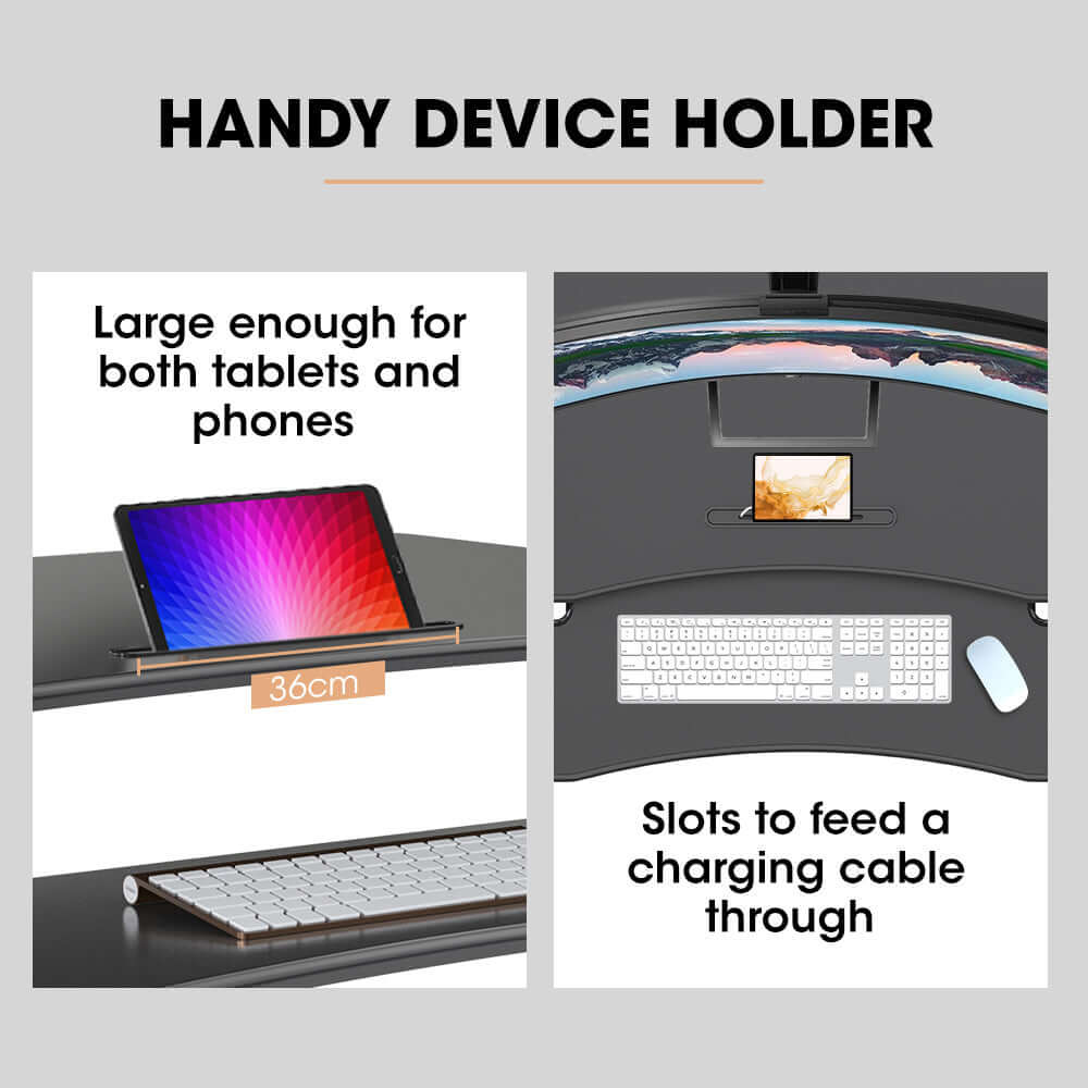 Handy device holder for tablets and phones with charging slot, part of Fortia Desk Riser workstation.