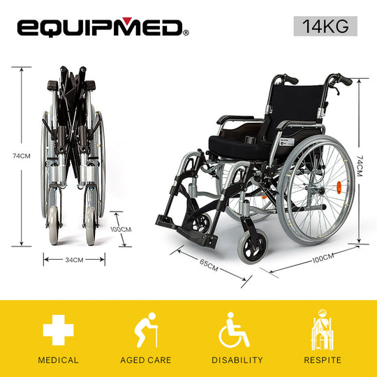 EQUIPMED 24 Inch Portable Folding Wheelchair 24" Mobility Wheel Chair Alloy, Senior Elderly Aid