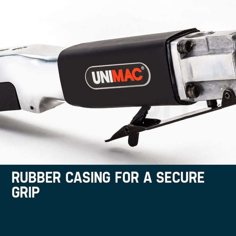 Close-up of Unimac pneumatic saw handle showing rubber casing for a secure grip, ideal for affordable DIY projects.