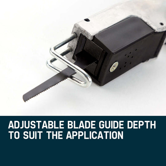 Close-up of Unimac Pneumatic Air Saw showing adjustable blade guide depth for precision cutting. Affordable and quality DIY tool.