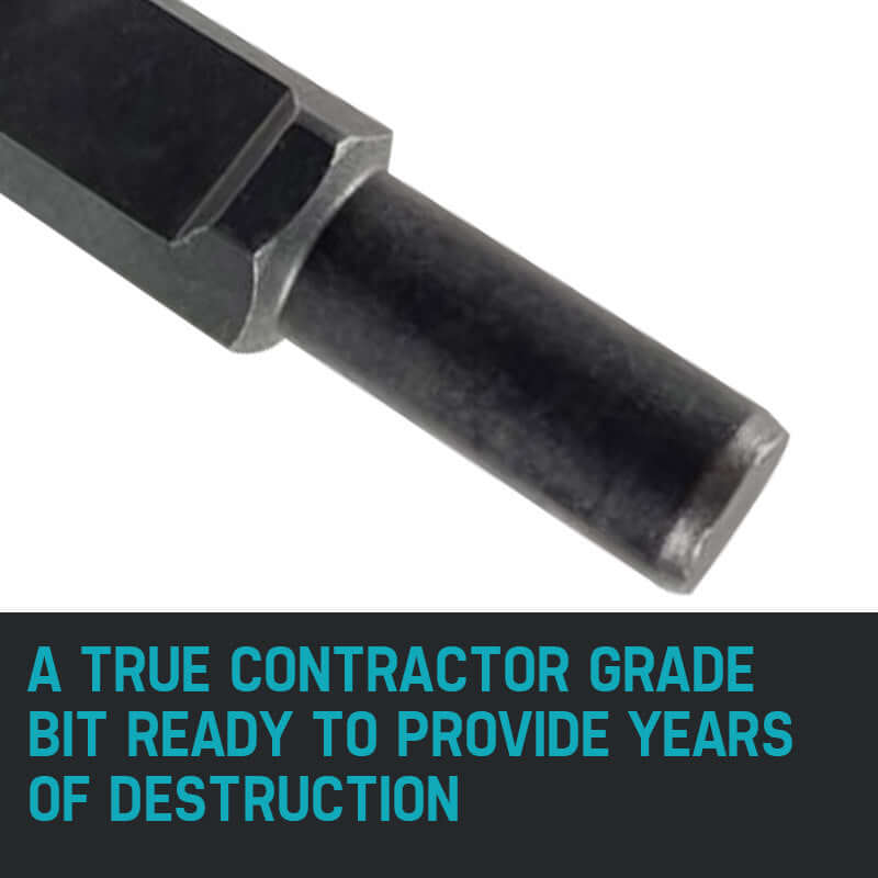 Contractor grade jackhammer bit designed for durability and efficiency in demolition work.