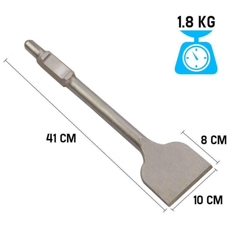 Baumr-AG 100mm Flat Tile Lifter Jackhammer Chisel Bit, 410mm length, 1.8kg weight for effective tile removal.