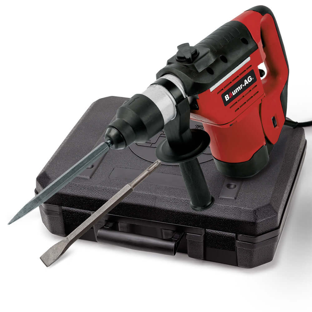 Baumr-AG 1500W electric rotary jackhammer with chisels, in a sturdy case, ideal for DIY and professional use.