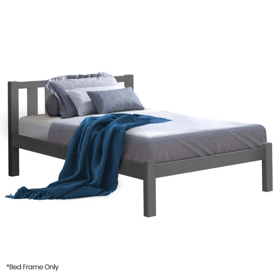 Kingston Slumber King Single Wooden Bed Frame in Grey with cozy blue blanket, ideal for affordable kids' or guest rooms.