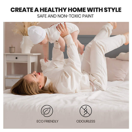 Mother and child playing on a bed, promoting safe, eco-friendly, and non-toxic home decor.