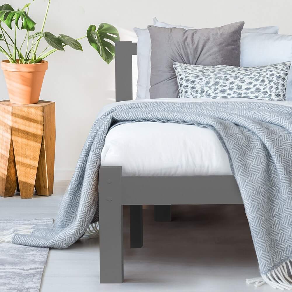 Kingston Slumber King Single Wooden Bed Frame in grey with cozy blankets and pillows in stylish bedroom setting.