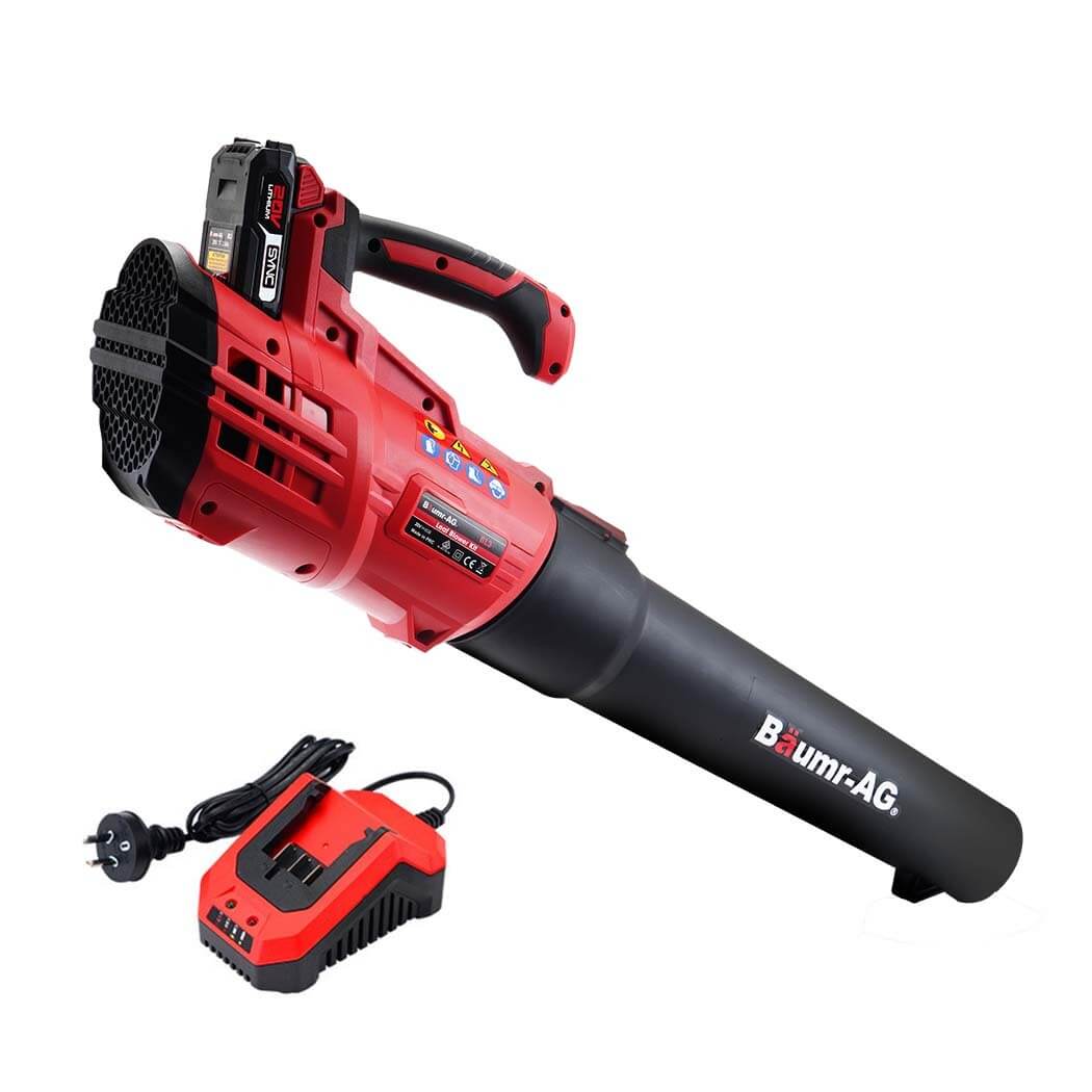 Baumr-AG 20V Lithium Cordless Leaf Blower with charger, affordable and quality garden tool for DIY outdoor projects.