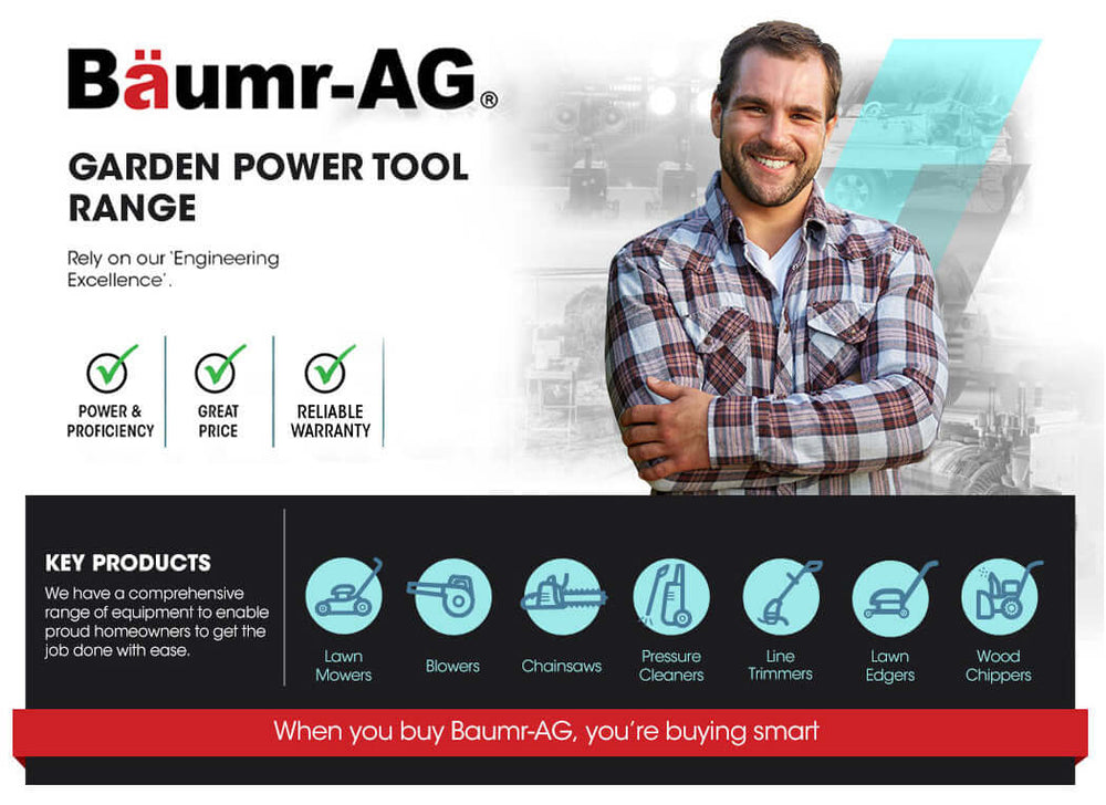 Bäumr-AG garden power tool range showcasing products like lawn mowers, blowers, and pressure cleaners for DIY enthusiasts.