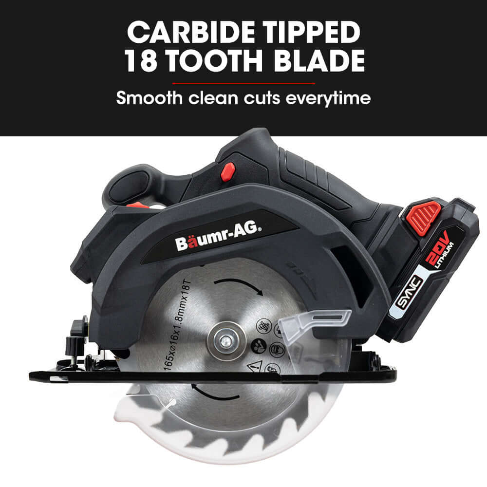 BAUMR-AG cordless circular saw with carbide tipped 18 tooth blade for smooth clean cuts, ideal for DIY projects.