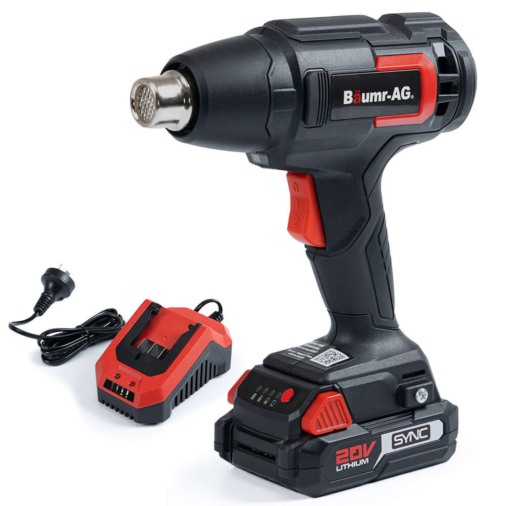 BAUMR-AG HG3 20V cordless heat gun with battery and fast charger kit for DIY projects.