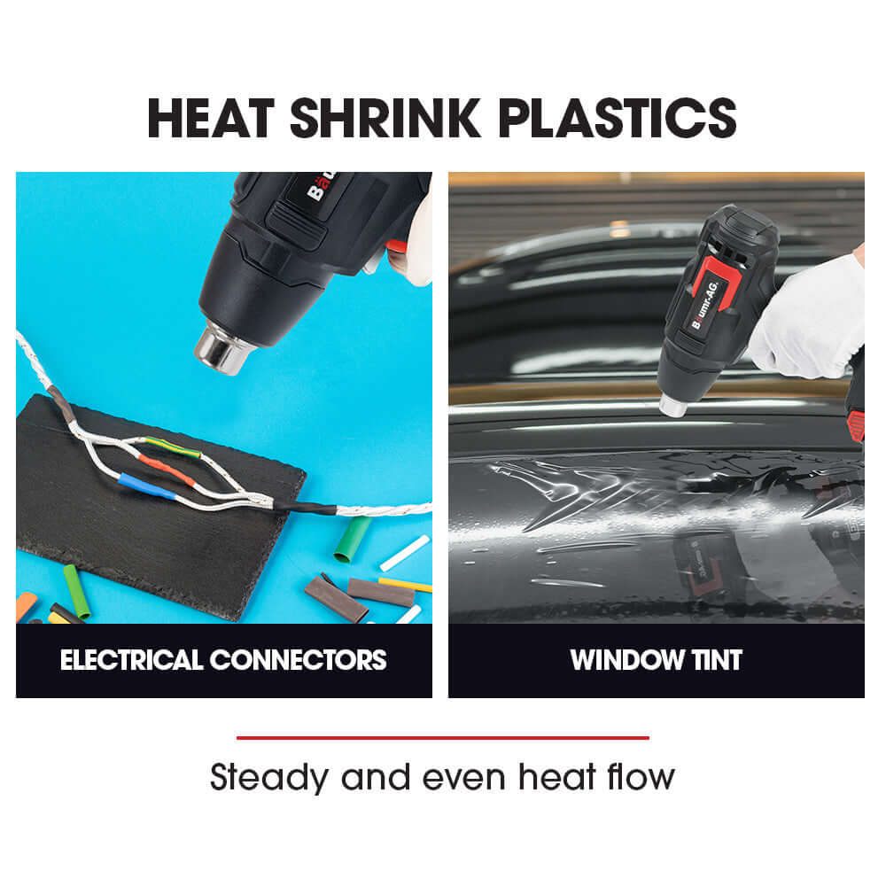 BAUMR-AG HG3 heat gun used for electrical connectors and window tint, showcasing quality heat shrink application.