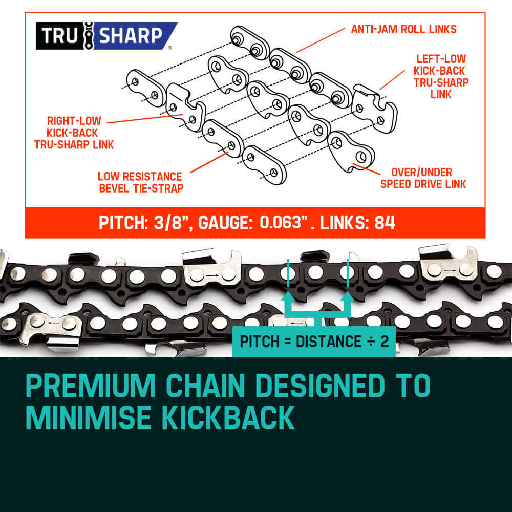 Tru-Sharp premium chainsaw chain featuring low kickback design, 3/8' pitch, 0.063' gauge, 84 links.