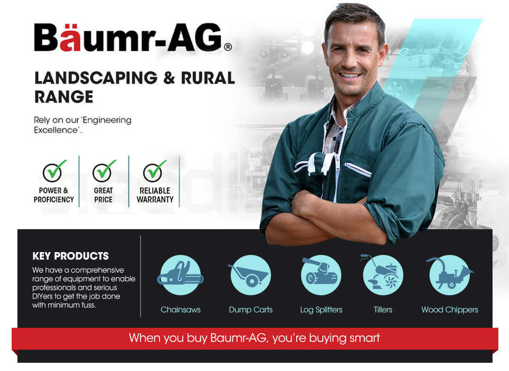 Baumr-AG landscaping range showcasing professional equipment; reliable tools for DIY enthusiasts and professionals.