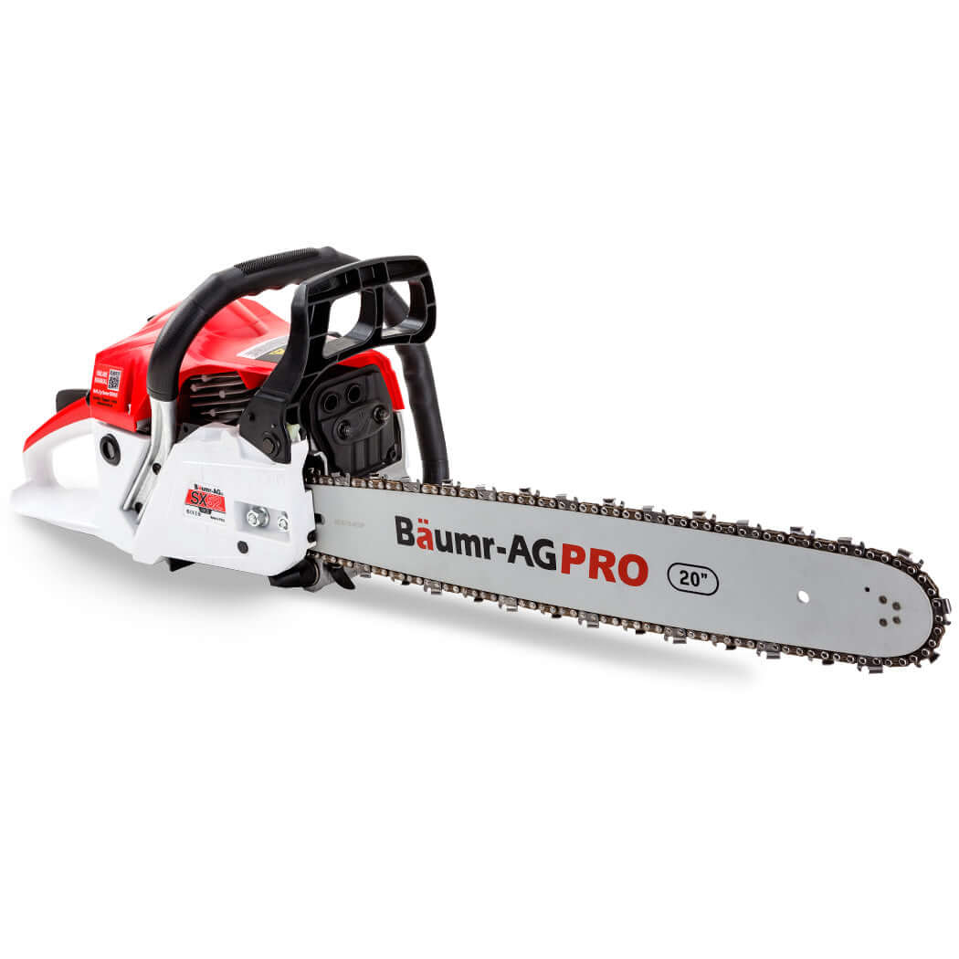 Baumr-AG 52CC petrol chainsaw with 20" bar, lightweight design for DIY projects, affordable quality power tool.