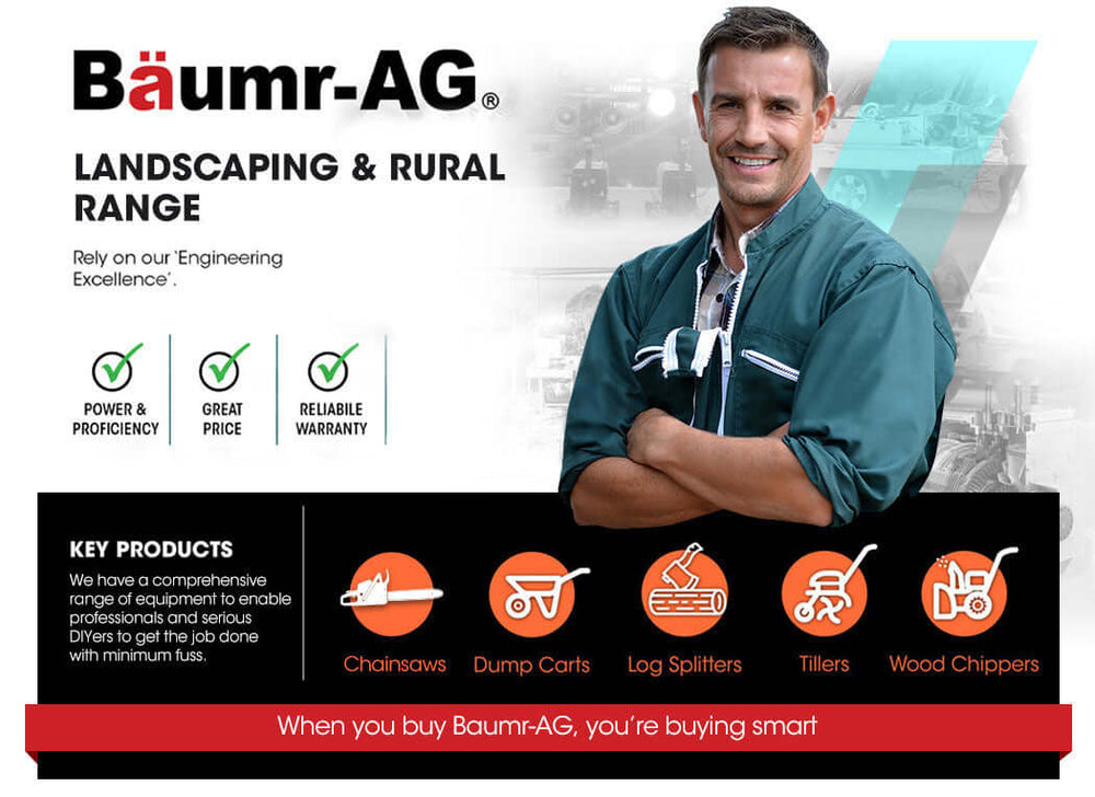 Baumr-AG landscaping range image showcasing products like chainsaws, log splitters, and tillers with a focus on quality.