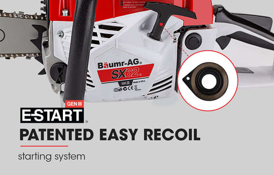 Baumr-AG 62cc chainsaw showing patented easy recoil starting system, ideal for affordable quality and DIY gardening.