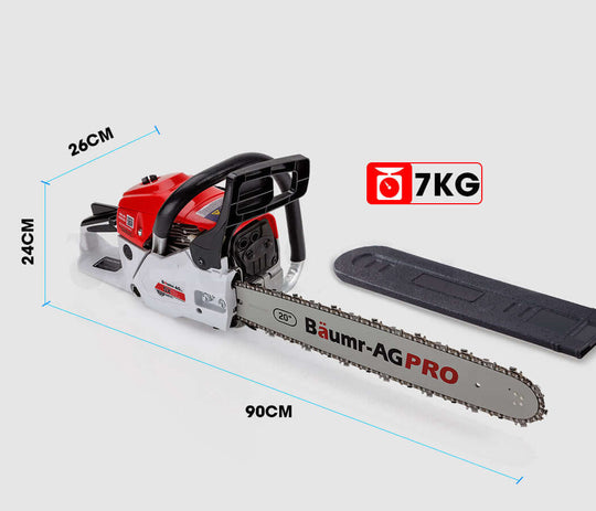 Baumr-AG 62CC petrol chainsaw with 20-inch bar, lightweight design, ideal for DIY and commercial use.