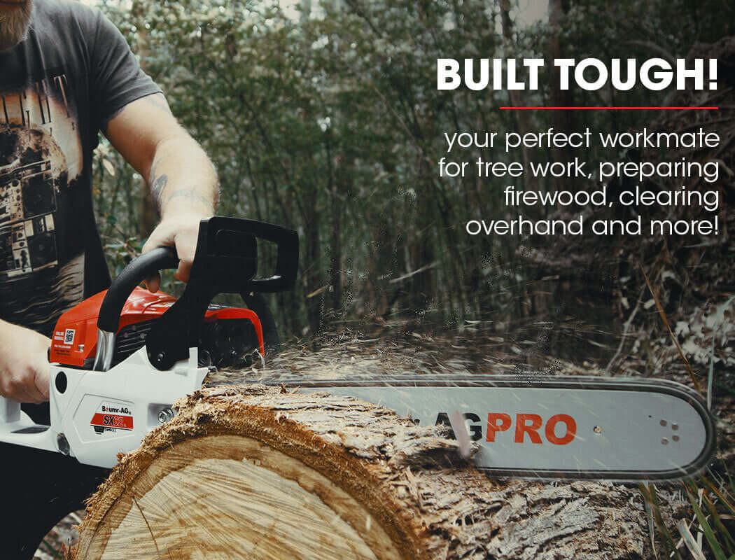 Baumr-AG 62cc chainsaw in action, ideal for tree work, firewood prep, and overhead clearing tasks.