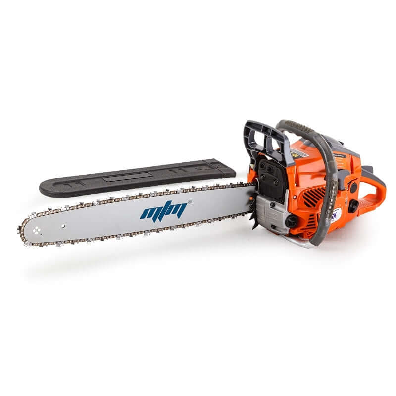 MTM 62SX petrol chainsaw with 22-inch bar, perfect for affordable DIY tree pruning and firewood cutting.