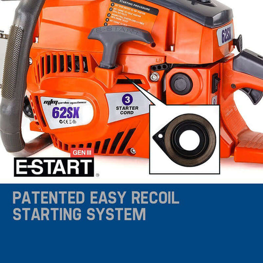 MTM 62SX Chainsaw featuring patented easy recoil starting system for effortless DIY wood cutting.