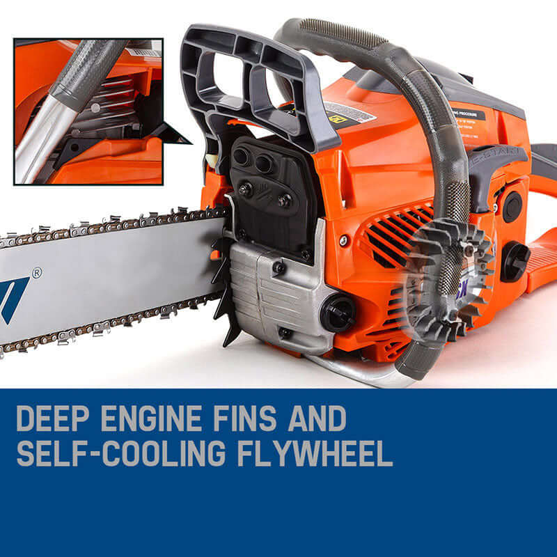 MTM Petrol Chainsaw close-up showing deep engine fins and self-cooling flywheel for efficient performance.