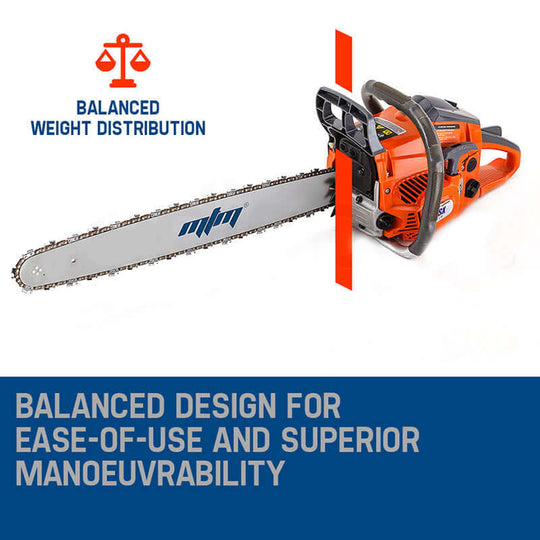 MTM Petrol Chainsaw featuring balanced weight distribution for easy handling and superior maneuverability.