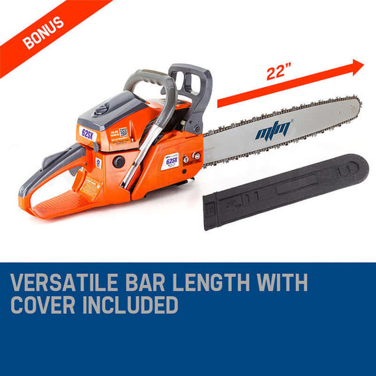 MTM 62SX Petrol Chainsaw with 22" bar, easy start system, and cover for affordable, quality DIY wood cutting.