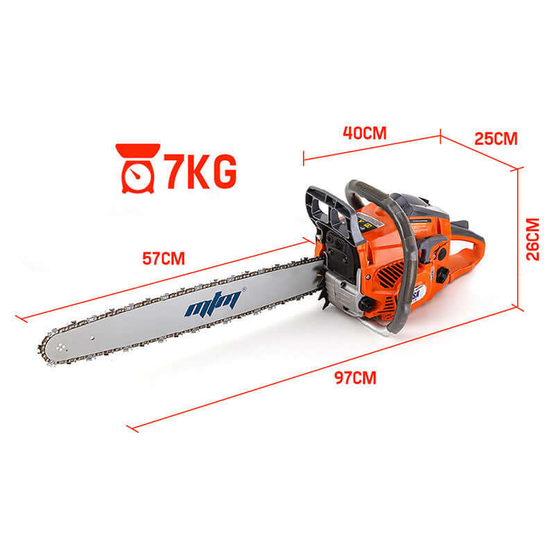 MTM 62SX chainsaw dimensions and features, lightweight 7kg, perfect for DIY tree pruning and firewood cutting.