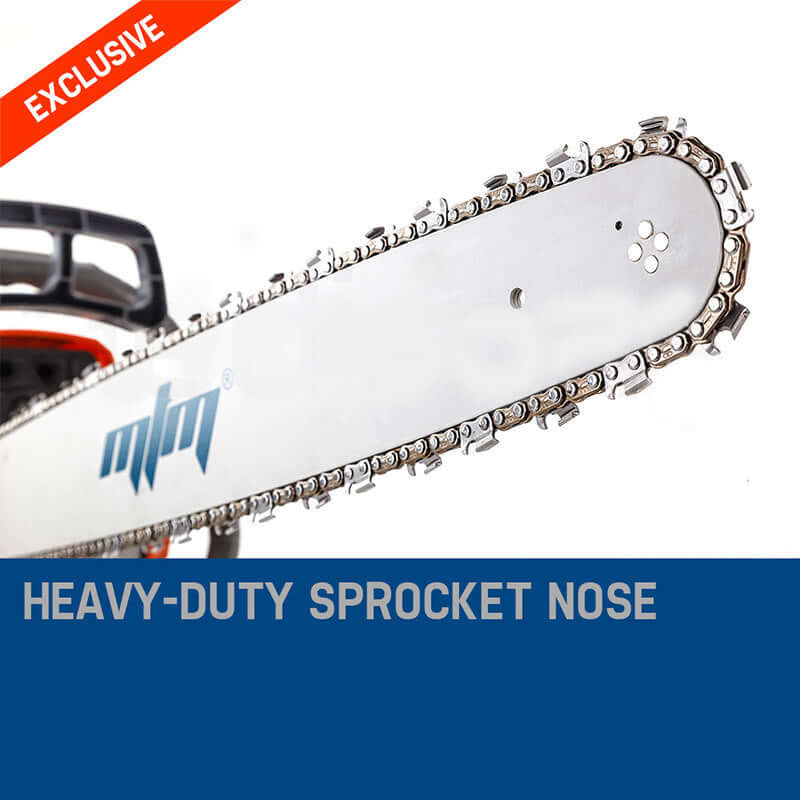 MTM petrol chainsaw with heavy-duty sprocket nose for efficient cutting, ideal for DIY and professional use.