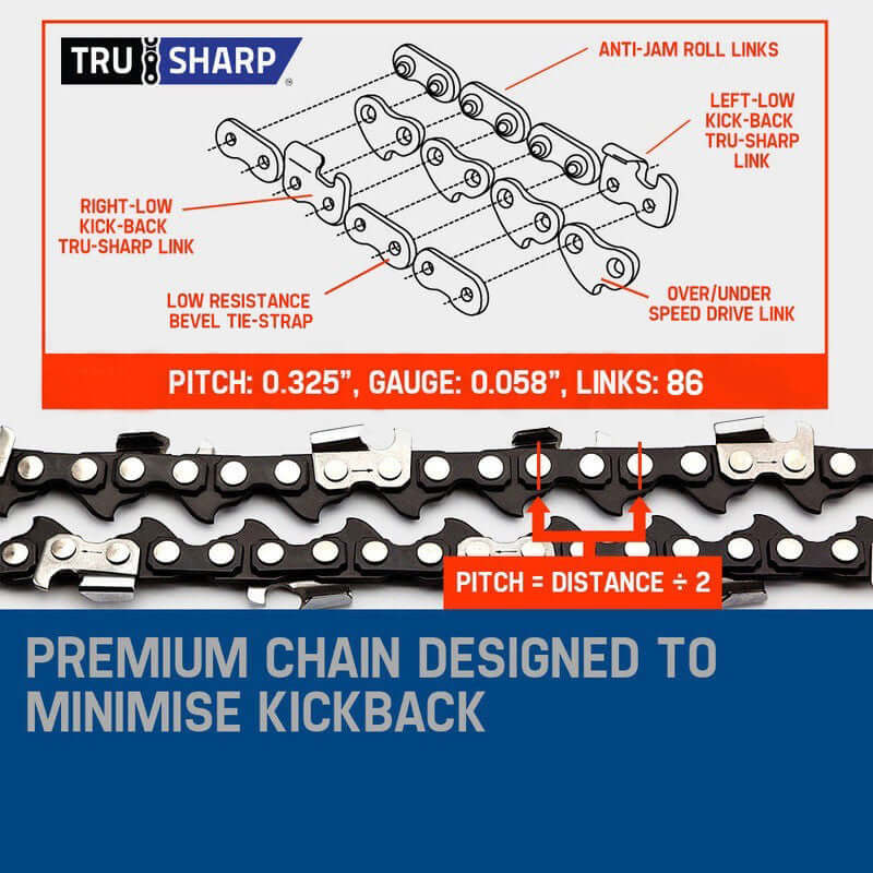 MTM TruSharp premium chainsaw chain diagram showing specifications to minimize kickback for safe cutting.