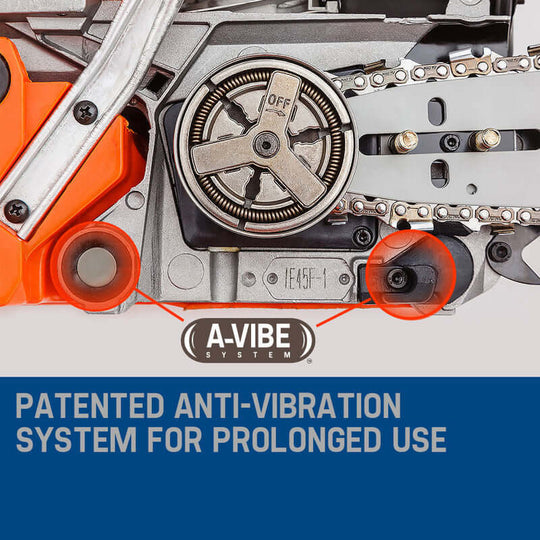 Close-up of MTM chainsaw's patented A-Vibe system designed for reduced vibrations during prolonged use.