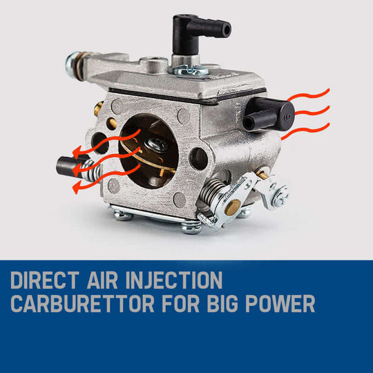 Direct air injection carburettor for MTM chainsaw, enhancing power and performance for DIY tree pruning.